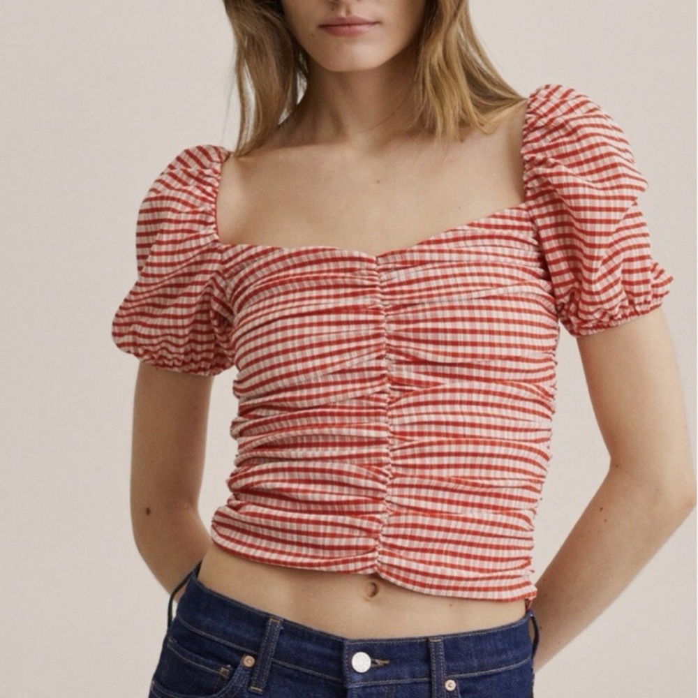 MANGO Red Gingham Puff Sleeve Top, size M, new with tag